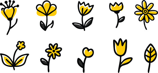 Organic hand drawn doodle abstract flowers set