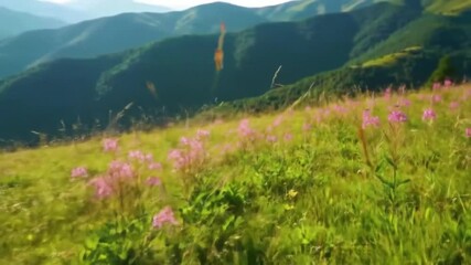 mountain meadow, summer field wide shot of alpine meadow filled with wildflowers against blue sky and distant hills great for landscape transitions and nature travel vlogs