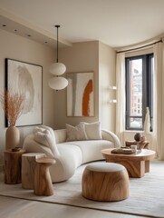 A modern living room interior with a neutral color palette and natural wood accents.