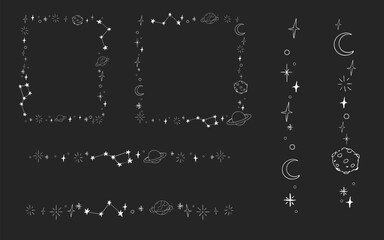 Celestial doodle border, falling star blink divider. Hand drawn ornament with stars, planets, meteorite and moon. Space magic simple decor.