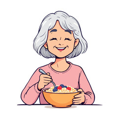 Vsai happy senior woman enjoying a healthy breakfast of oatmeal with berries