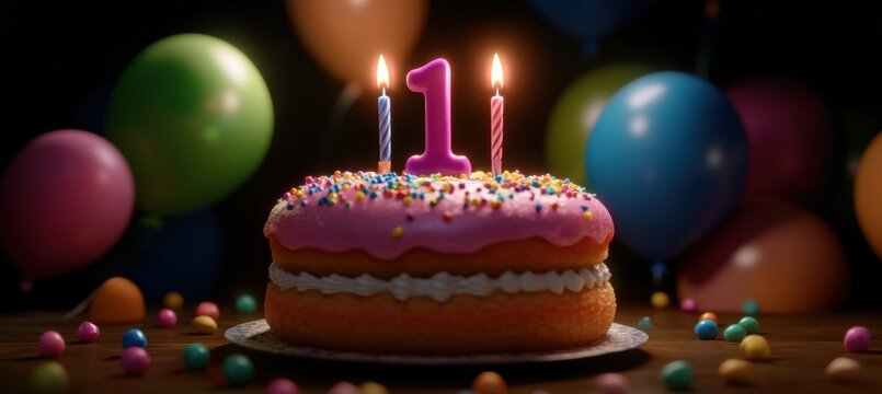 Festive Birthday Cake with Lit Number One Candles, Colorful Balloons, and Scattered Candies on Dark Background