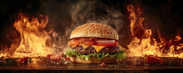 Flaming Burger on Wooden Table with Scattered Tomato Pieces in Black Background - Food Photography Image