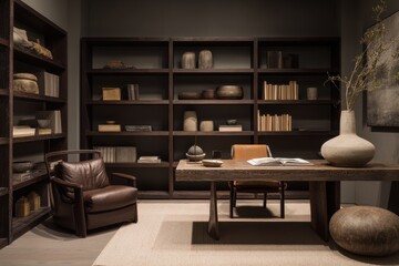 Dark wood study with leather armchair and bookshelves.