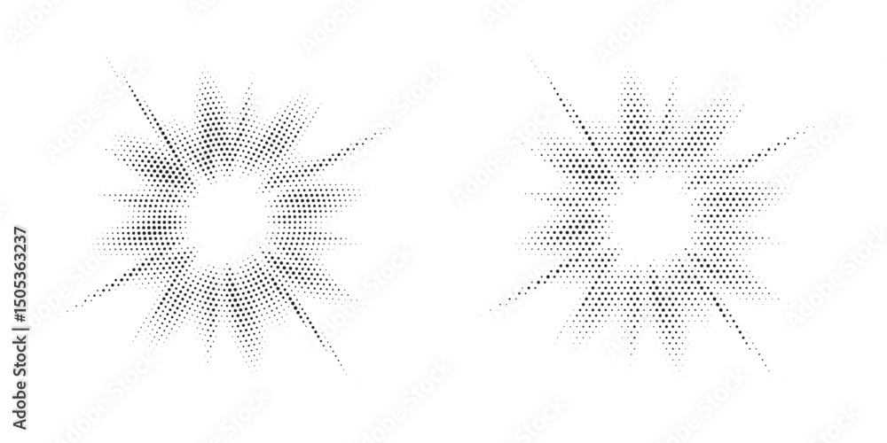 Poster Halftone circle frame background set. Round border Icon using halftone random circle. Grunge circular stain. Vector illustration.