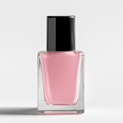 Square glass bottle of pale pink nail polish with a black cap, cast shadow on white background