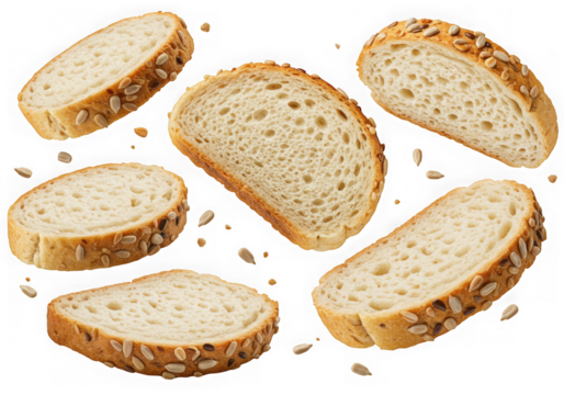 Six slices of multigrain bread isolated on transparent background