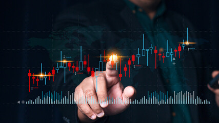 Investing in the stock market, funds, digital assets, planning and strategy. Businessman analyzing financial data chart trading forex on virtual screen.