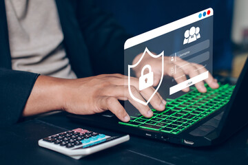 Cybersecurity protects login and secure internet access, Businessman secure data on laptop with encryption and network protection.