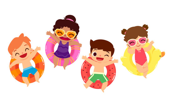 happy kids floating on inflatable ring