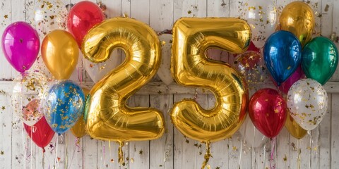 Fototapeta premium Golden Number 25 Balloons For 25th Birthday Or Anniversary Celebration With Colorful Balloons