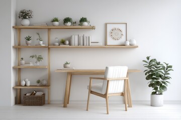 Wooden shelving unit and desk area with white chair and plants.