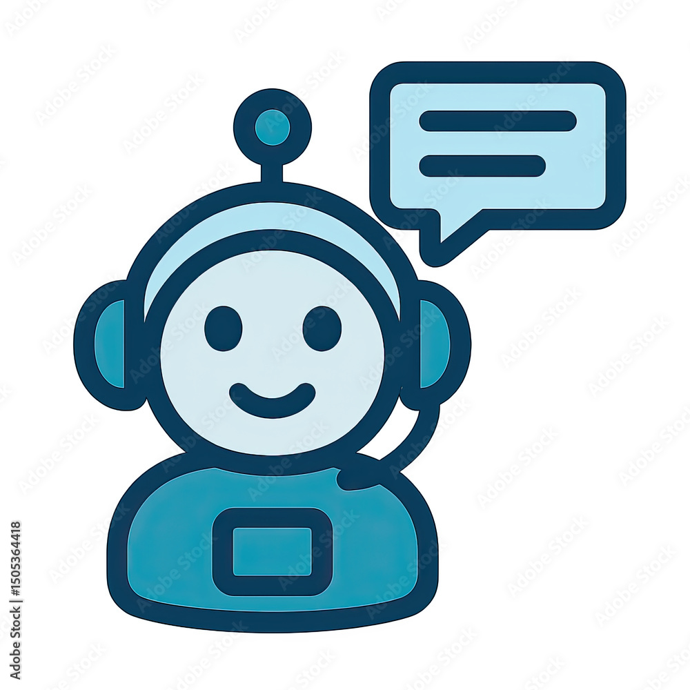 Poster friendly blue robot chatbot with speech bubble on dark background
