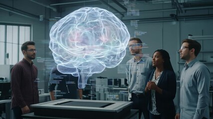 Group of diverse professionals discussing innovative brain hologram technology in office environment - Powered by Adobe