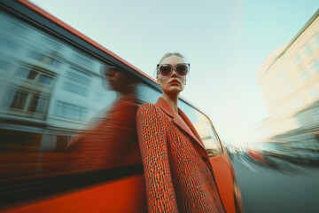 Dynamic city fashion portrait of a woman in red coat, motion blur and vibrant urban background, ideal for fashion, street style, and editorial stock visuals.