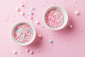 Two white bowls filled with pastel pink, blue, and white sprinkles are scattered on a pink background