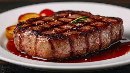 Grilled Ribeye Steak Top View of Seared, Juicy Meat Resting on a White Plate With Sauce