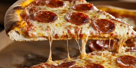 Hot, Gooey, And Deliscious Pepperoni Pizza Slice With Melted Cheese On Blur Background