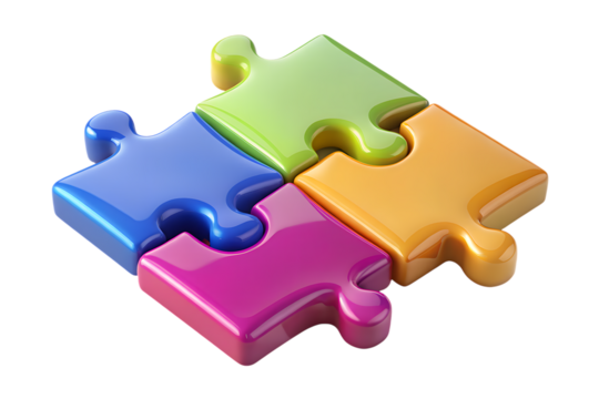 Four interlocked puzzle pieces in vibrant colors representing collaboration and unity on transparent background 3d rendering