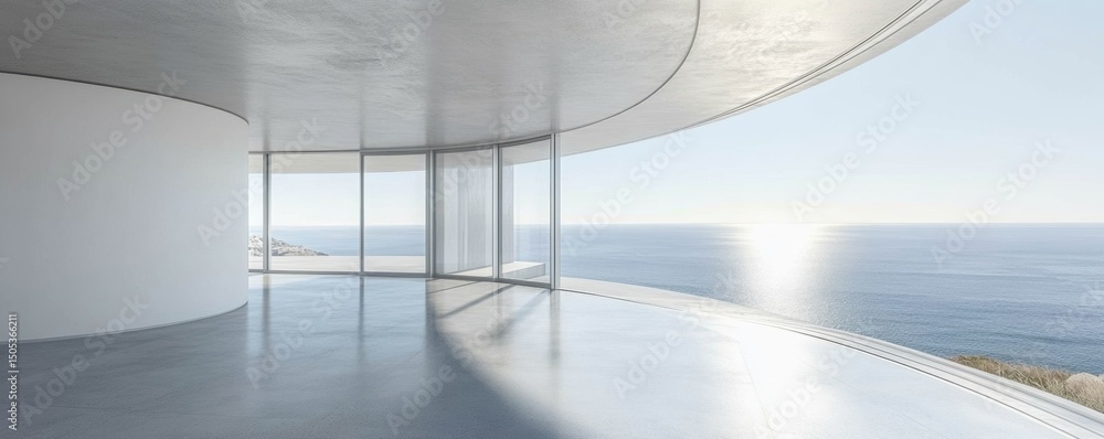 Poster modern empty room with curved concrete ceiling and large ocean view windows in minimalist design