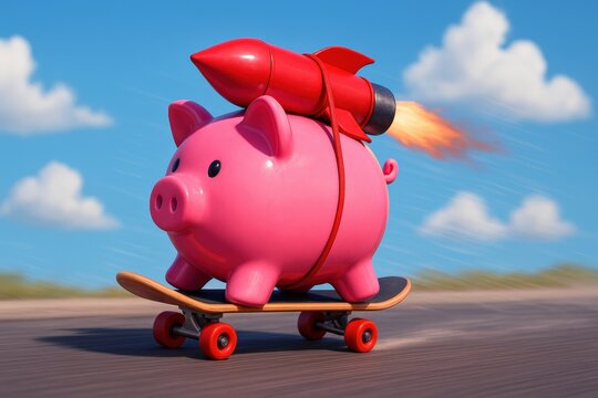 Rocket-Powered Piggy Bank Skateboard Financial Growth and Investment Concept, featuring savings accelerating towards success and symbolizing rapid wealth accumulation.
