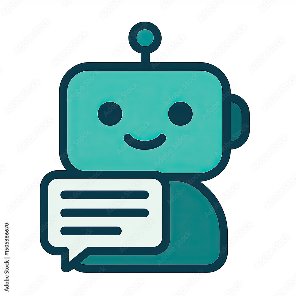 Poster friendly teal robot chatbot icon with speech bubble on transparent background