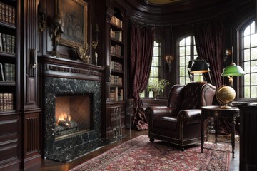 Dark, opulent library study with fireplace and leather armchair.