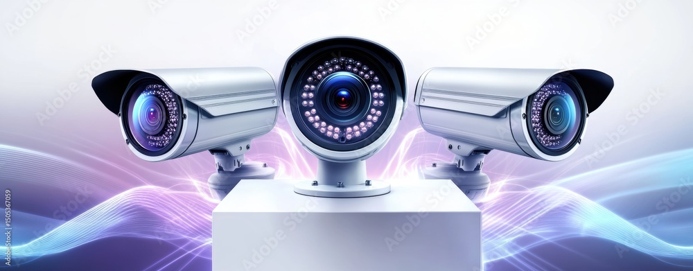 Poster modern security cameras in triangular formation on white stand with futuristic technological backgro