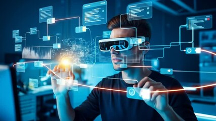 Man using virtual reality headset to interact with futuristic digital interface and data visualization - Powered by Adobe