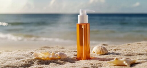 Orange sunscreen bottle on sandy beach with seashells, ocean view, and serene sky background