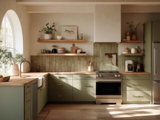 Fototapeta premium A sunlit kitchen with sage-green cabinets and wooden accents.
