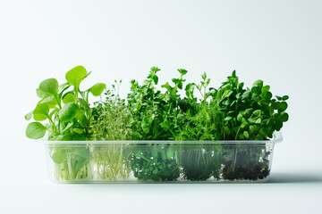 Fototapeta premium Springtime microgreen farming, home gardening and growing greenery indoors. Garden cress, different greens. Green sprouts growing in a transparent container.