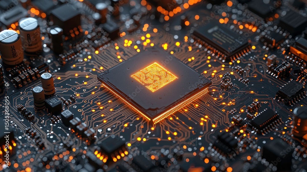 Poster illuminated microchip, close-up view of advanced technology