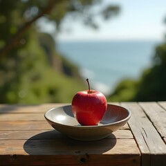 Serene Orchard: Fresh Apple in Stone Dish on Weathered Table