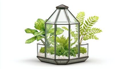 A glass terrarium featu lush green plants and white rocks on white background.