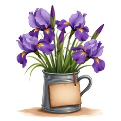 Serene Summer Vibes: Fragrant Irises in Vintage Tin Vase Greeting Card