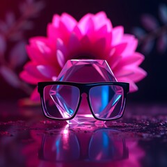 Vivid Magenta Flower Backdrop: Neon-Lit Hexagonal Prism & Sunglasses