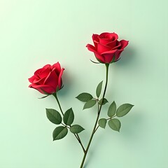 Crimson Roses: Graceful Ascent on Pale Mint Canvas