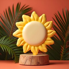 Seaside Serenity: Tropical Sun Cream on Wooden Stand Amongst Palm Leaves on Sunset Red Background