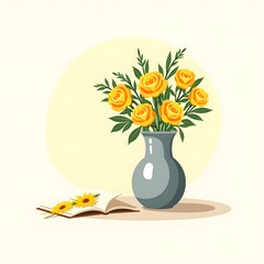 Sunny Serenity: Yellow Roses in Metal Vase with Pressed Flower Bookmark