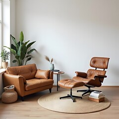 Tranquil Minimalist Living Room: Leather Recliner & Woven Rug Inspo