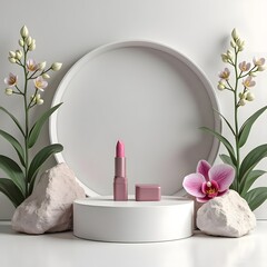 Enchanting Orchid Oasis: 3D-Rendered Pale Gray Podium Showcase