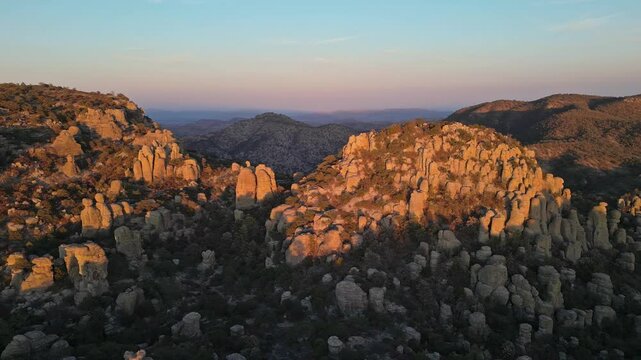 Rocky peaks at golden hour in Valle de los Monjes, Creel, Chihuahua, Mexico