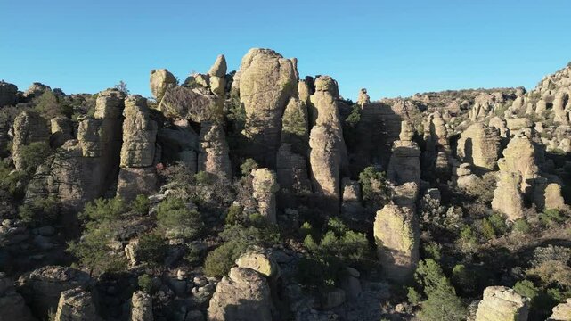 Majestic stone pillars in Valle de los Monjes, Creel, Chihuahua on a clear sunny day