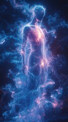 Hyper-realistic digital scene featuring blue and purple particles forming a detailed fractal structure that resembles multiple people dancing in unison on a black background.