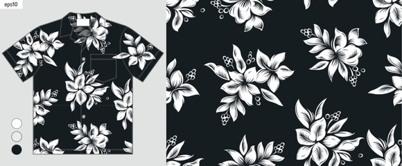 Summer Hawaiian shirt vector pattern with hand drawn hibiscus and tropical leaves, fabric print mockup design for beach fashion presentation, floral textile, not made by AI © kirkchai