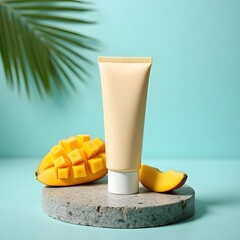 Exotic Mango Bliss: Hydrating Moisturizer on Tropical Stone Pedestal