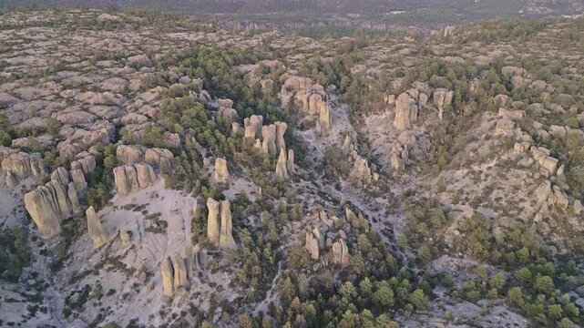 Rock formations in Valle de los Monjes, Creel, seen from above at golden hour