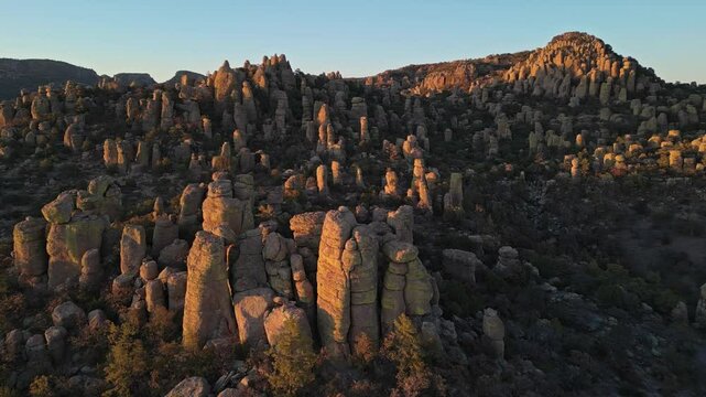 Dramatic rock formations at golden hour in Valle de los Monjes, Creel, Chihuahua, Mexico