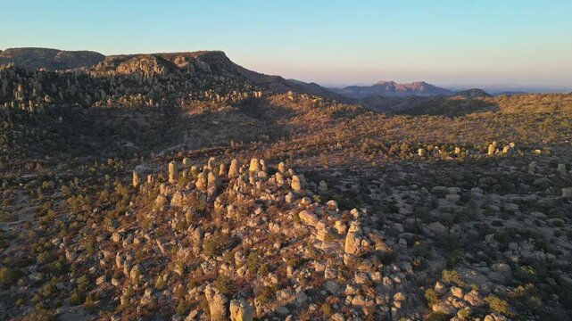 Majestic rock formations in golden light, Valle de los Monjes, Creel, Chihuahua, Mexico
